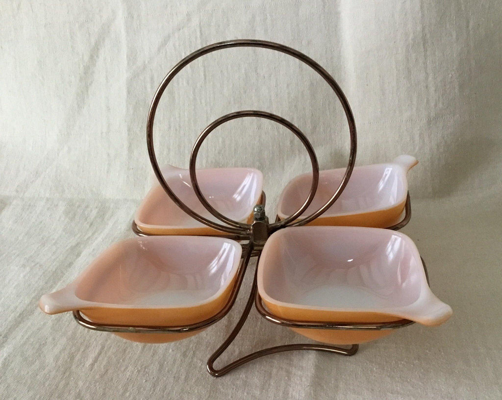 Orange Pyrex Condiment Set in copper Holder - Cook Street Vintage