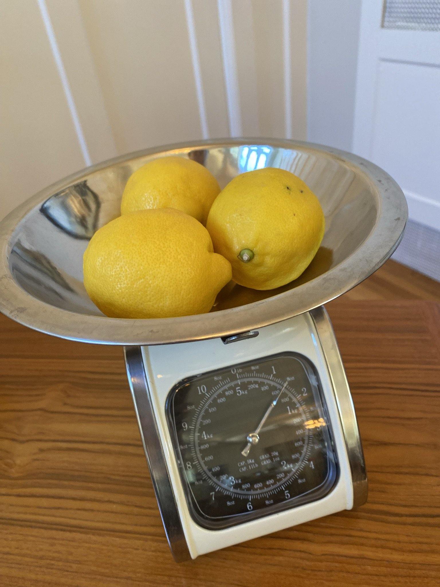 Cream and chrome kitchen scale with three lemons- Cook Street Vintage