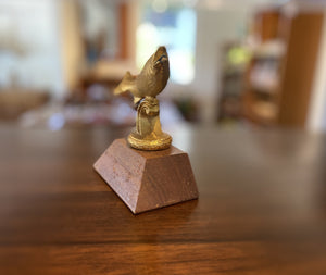 Side view of vintage fish trophy on wood base- Cook Street Vintage