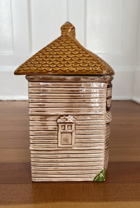 Side view of vintage Cottage Biscuit Jar with gingerbread lid- Cook Street Vintage