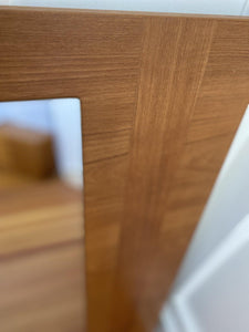 Close up detail of upper right corner of wood grain and design of teak mirror- Cook Street Vintage
