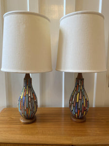 Pair of teak and ceramic multicoloured table lamps with teak detail- Cook Street Vintage