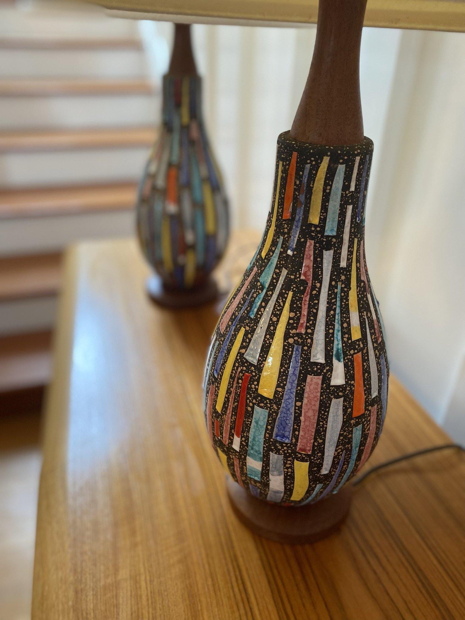 Close up of second lamp base with upper teak and multicoloured body and teak  base- Cook Street Vintage
