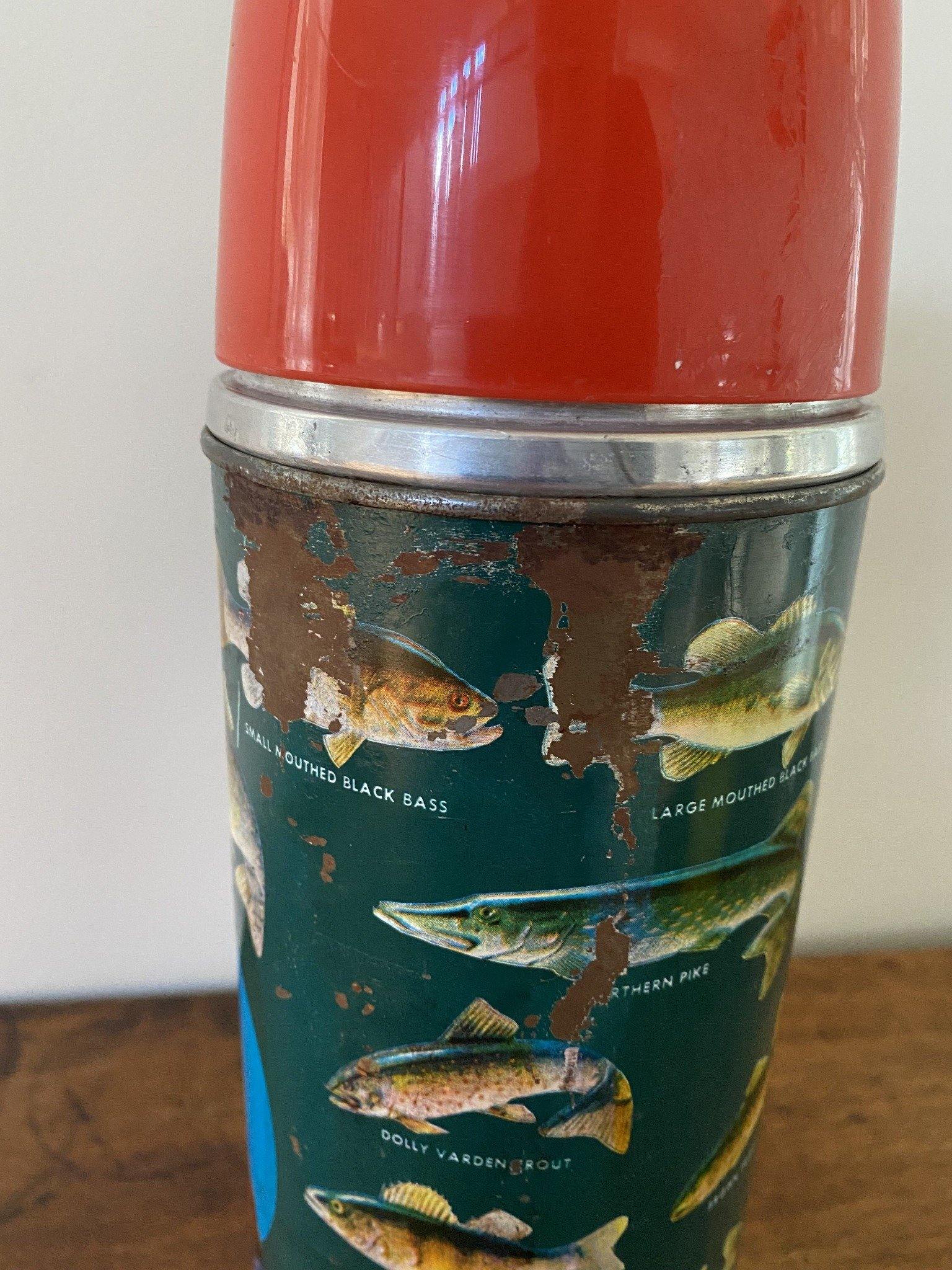 Aladdin Angler Thermos close up to show exterior wear - Cook Street Vintage