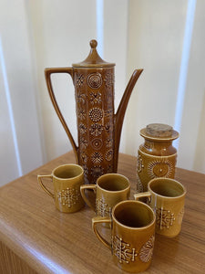 Portmeirion brown Totem coffee pot with 4 mugs and sugar cannister- Cook Street Vintage