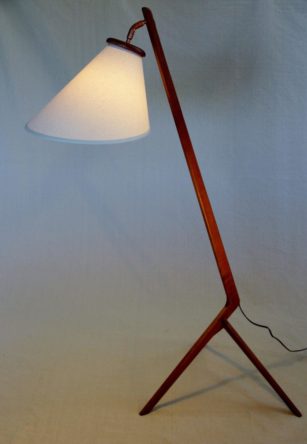 Full view of reclaimed Teak Floor Lamp with Grasshopper Legs- Cook Street Vintage