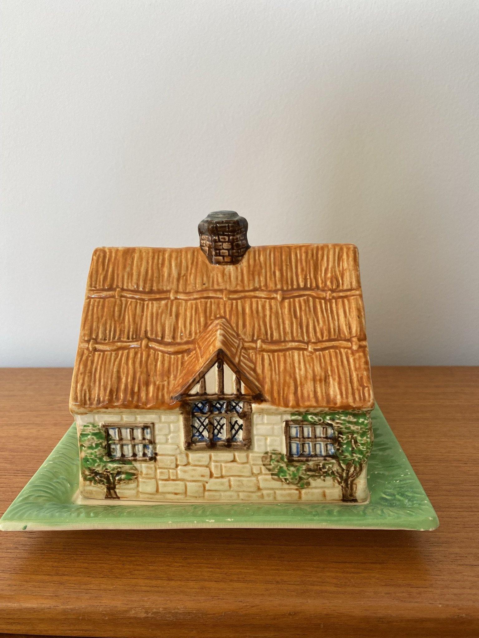 Second side of cottage ware cheese plate with windows and tree details and thatched roof- Cook Street Vintage
