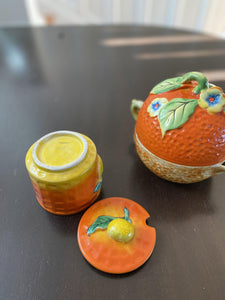 Bottom of orange jam and jelly pot with matching tea pot showing "Japan" marking- Cook Street Vintage