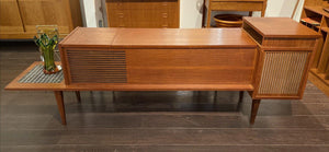 Unique stereo console with Onkyo radio and tiled side table front view-Cook Street Vintage