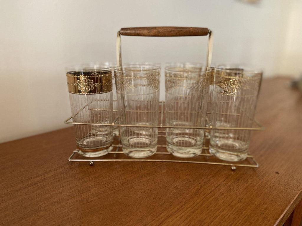 MCM Glasses with Gold Detail and Caddy - Cook Street Vintage