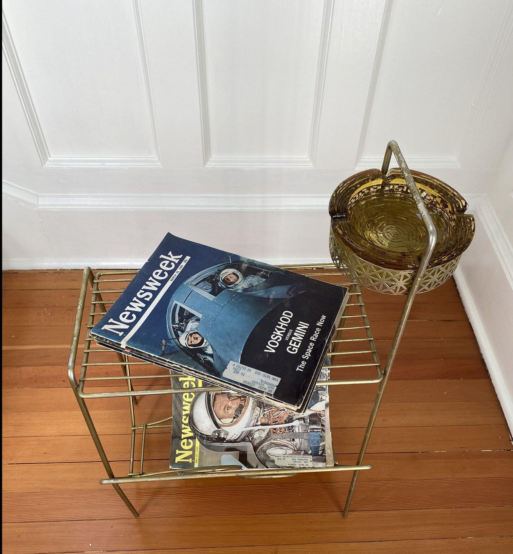 Top View of steel magazine and Ashtray Stand with Vintage Magazines of Space Race- Cook Street Vintage