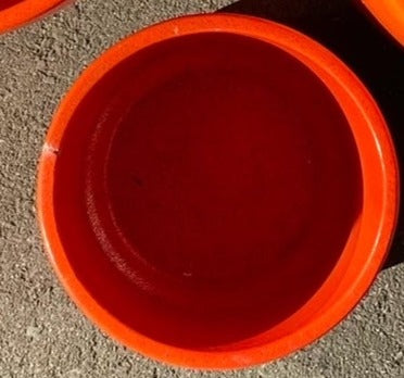 Top view of small chip on C-6 Orange Gainey Ceramics La Verne California Planter- Cook Street Vintage