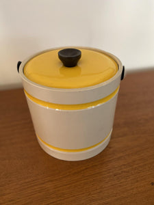 Vinyl cream coloured ice bucket with yellow lid and bands and wood knob- Cook Street Vintage