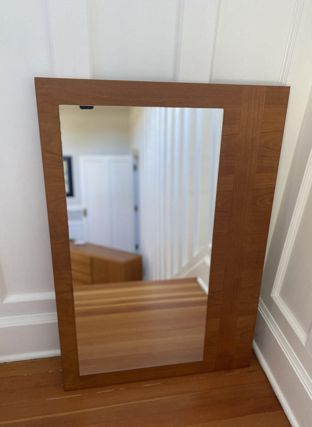 Honey coloured teak mirror with modern detail- Cook Street Vintage