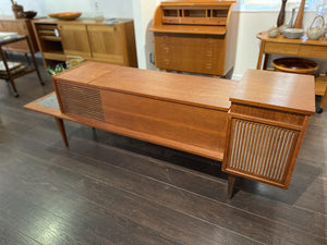 Right side view of original speakers and front of MCM teak stereo console- Cook Street Vintage