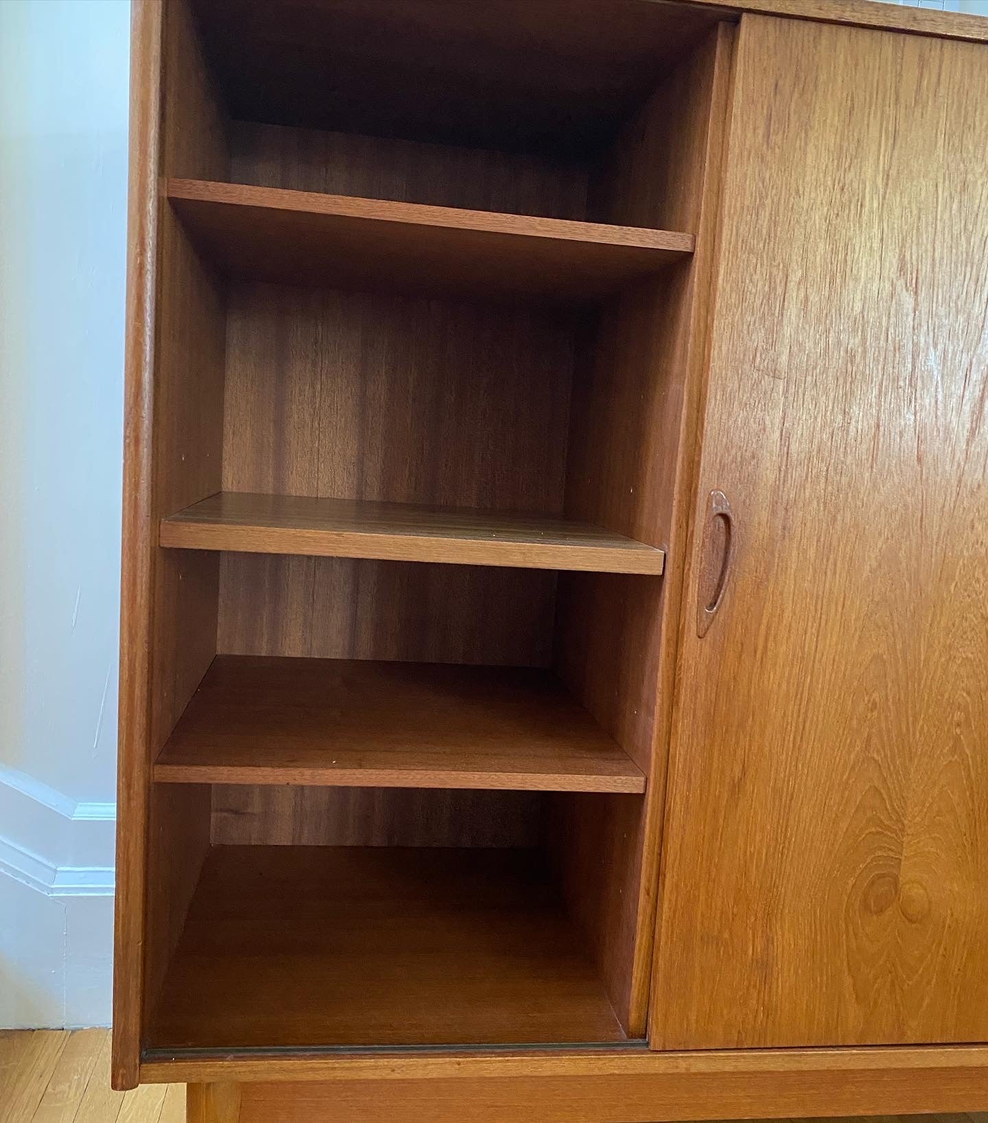 Left hand cabinet showing shelves and door of Mid-century Scandinavian Teak Secretary Cabinet- Cook Street Vintage