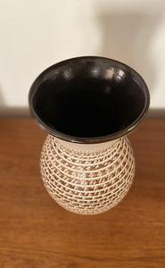 Birds eye view of vintage ceramic linen sgrafitto vase made in Germany with dark brown interior vase-Cook Street Vintage