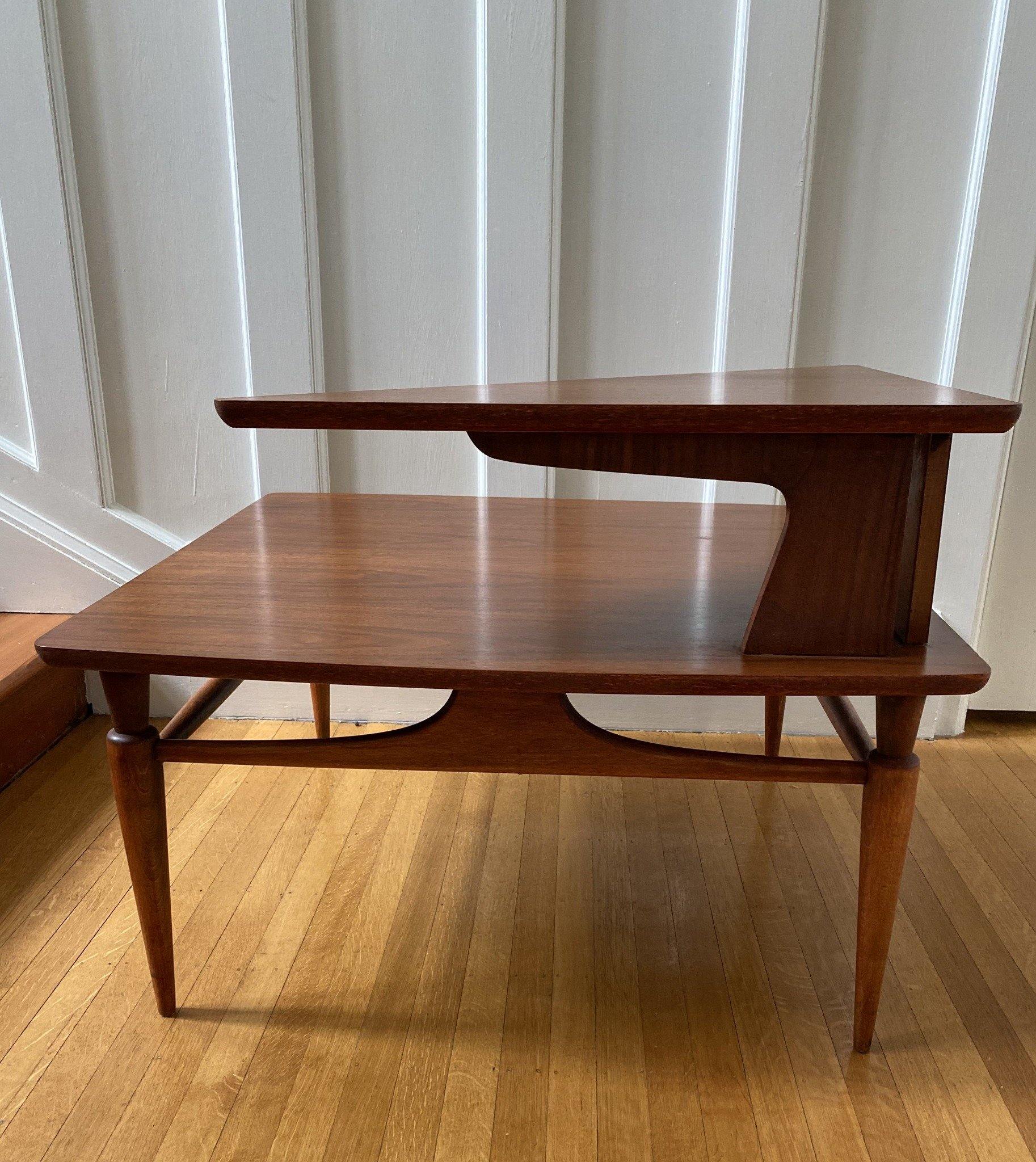 Side view of two tier table with boomerang shelf- Cook Street Vintage