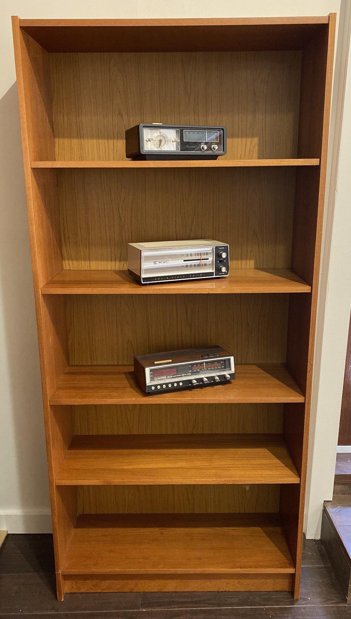 Teak book case with six shelves with vintage radios- Cook Street Vintage