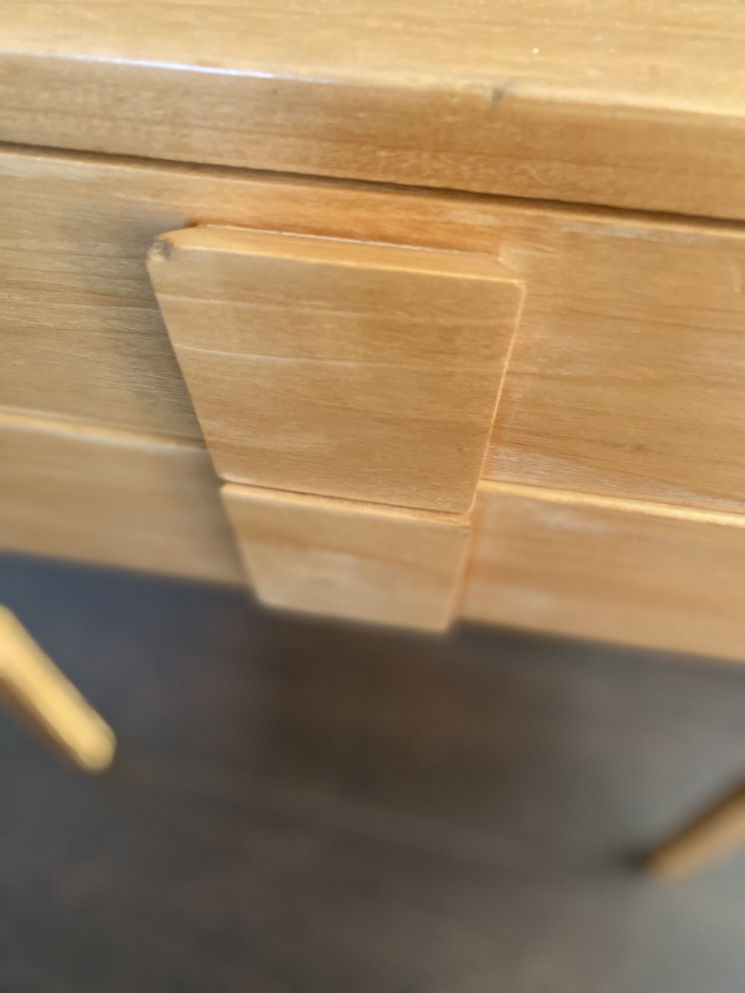 Front detail of geometric pulls on MCM Bentwood maple chest- Cook Street Vintage