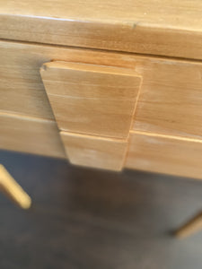Front detail of geometric pulls on MCM Bentwood maple chest- Cook Street Vintage