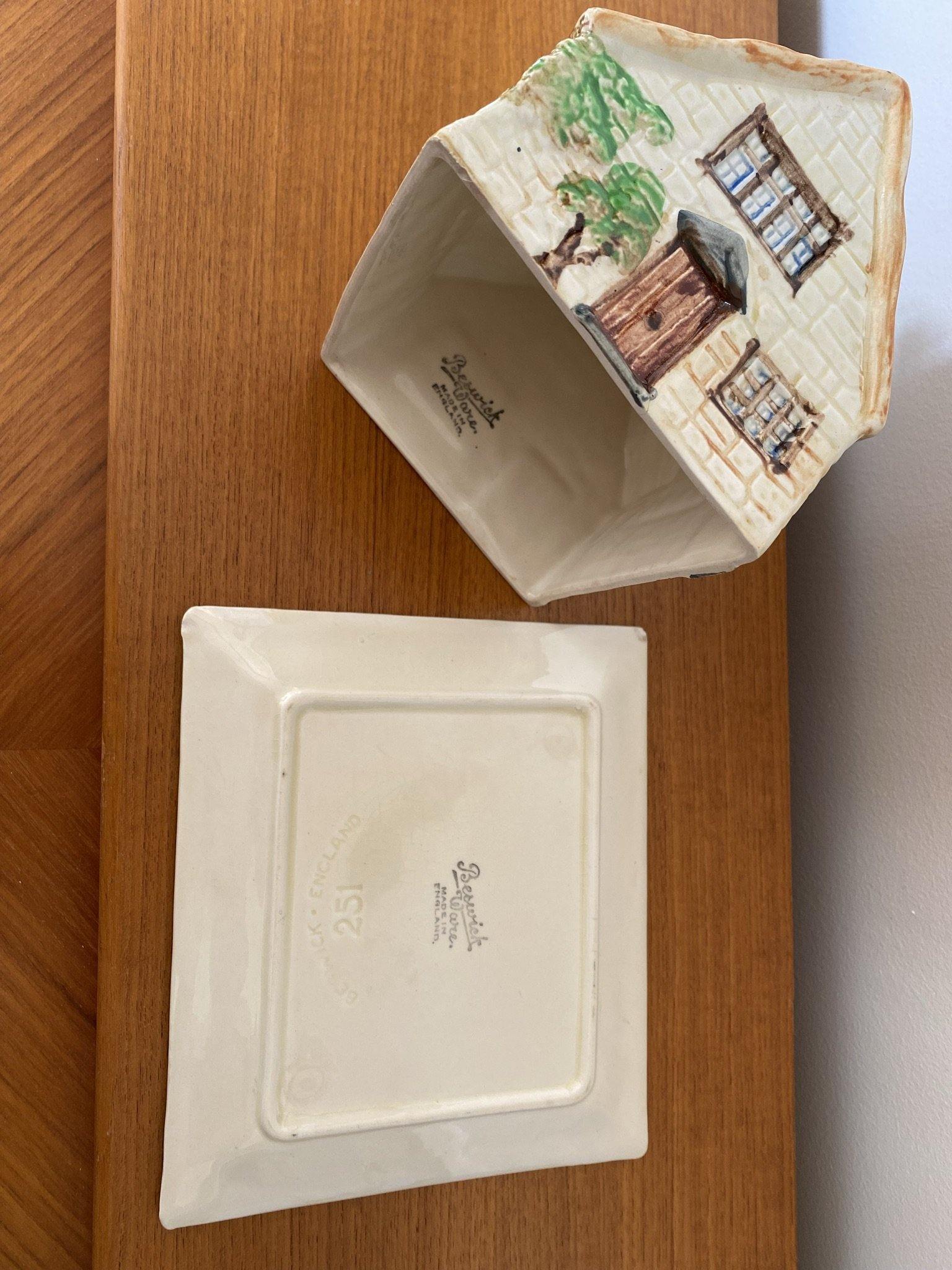 Underside of dish and interior of Cottage ware cheese dish with Beswick logos- Cook Street Vintage