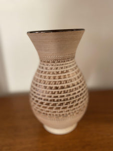 MCM German matte linen coloured ceramic vase with brown sgrafitto detail and interior glaze-Cook Street Vintage