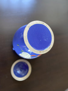 Top view of blue cookie jar showing bottom and "Made in USA" - Cook Street Vintage