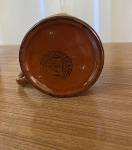 Bottom of Darmouth brown Queen Elizabeth II Coronation my showing stamp saying hand made in England Pottery Devon- Cook Street Vintage