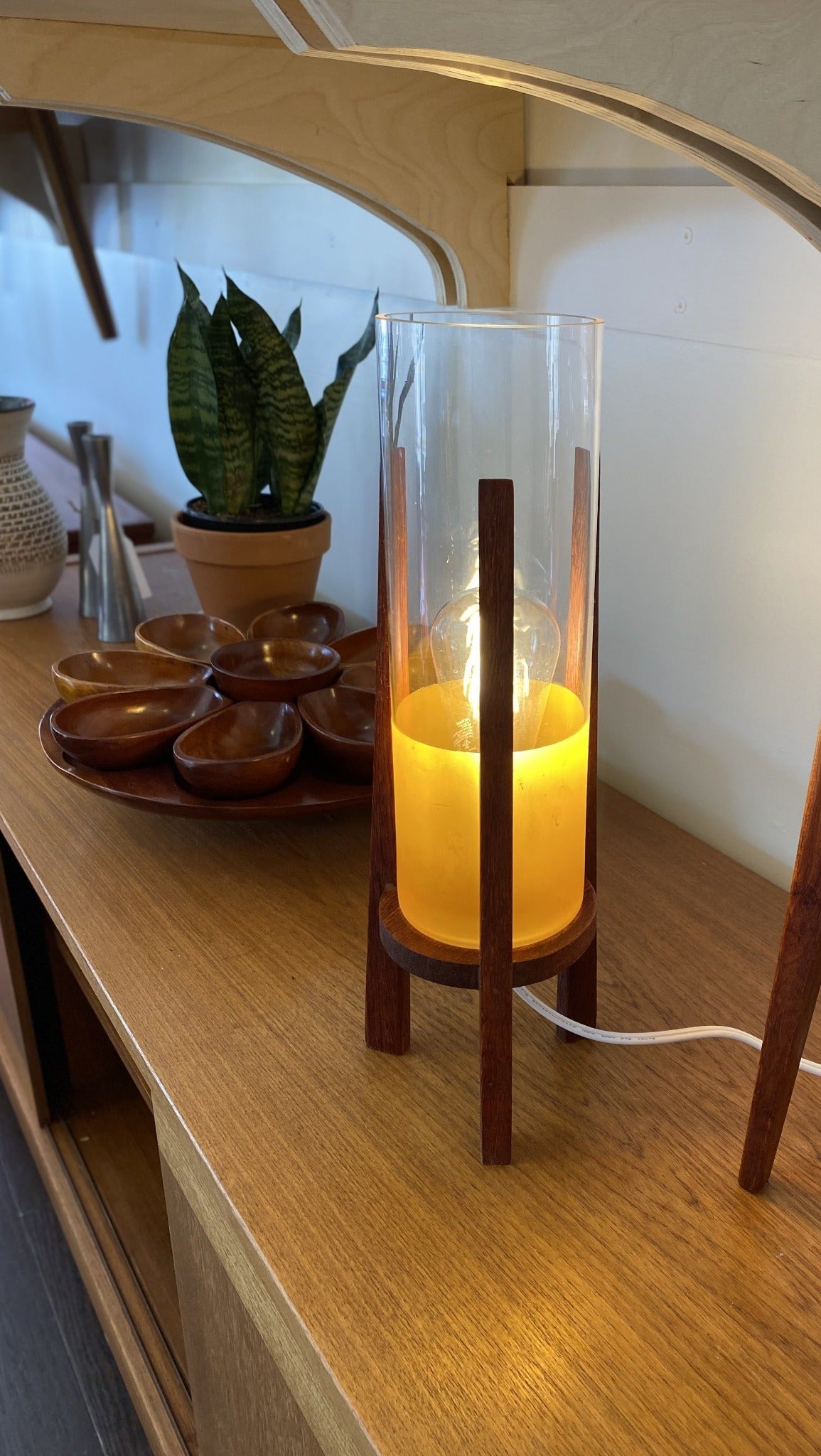 Reclaimed teak and amber tripod leg table lamp- Cook Street Vintage
