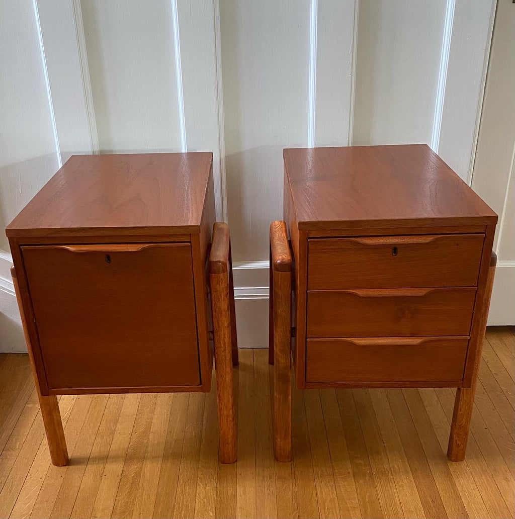 Nice teak side table with filing cabinet size drawer. Gorgeous sculpted wood pulls- Cook Street Vintage.
