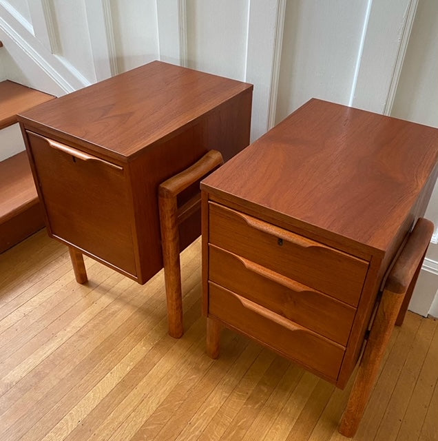 Nice teak side table with filing cabinet size drawer. Gorgeous sculpted wood pulls- Cook Street Vintage.
