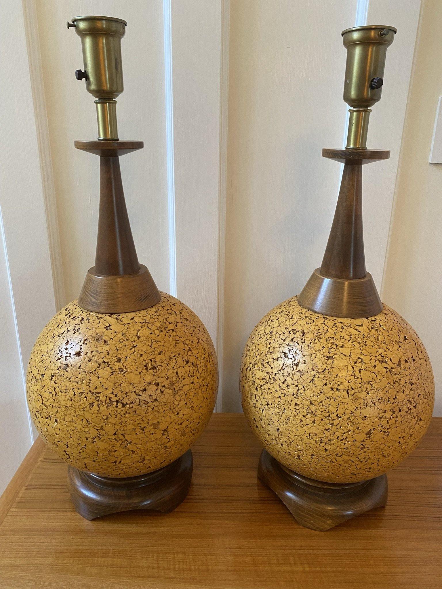 Two vintage round cork table lamps on wooden bases with no shares- Cook Street Vintage