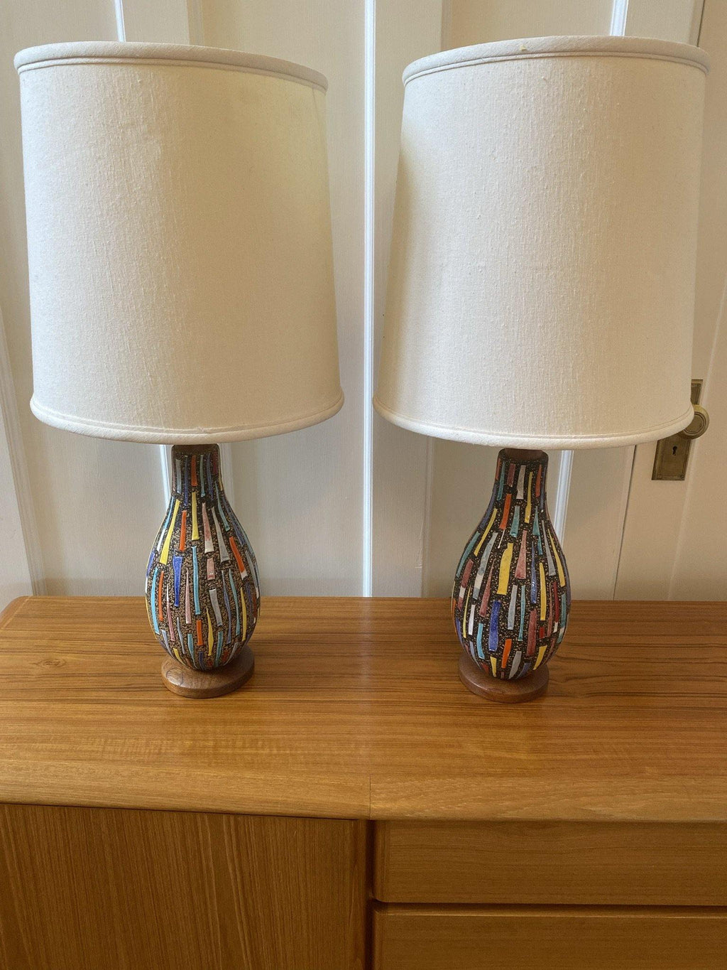 Pair of unique mosaic like multicoloured decorative MCM table lamps on teak side board- Cook Street Vintage