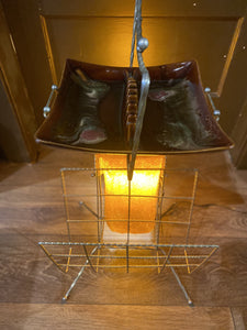Side view showing magazine rack and original ashtray for MCM Amber Spaghetti Crescent Moon Lamp-Cook Street Vintage