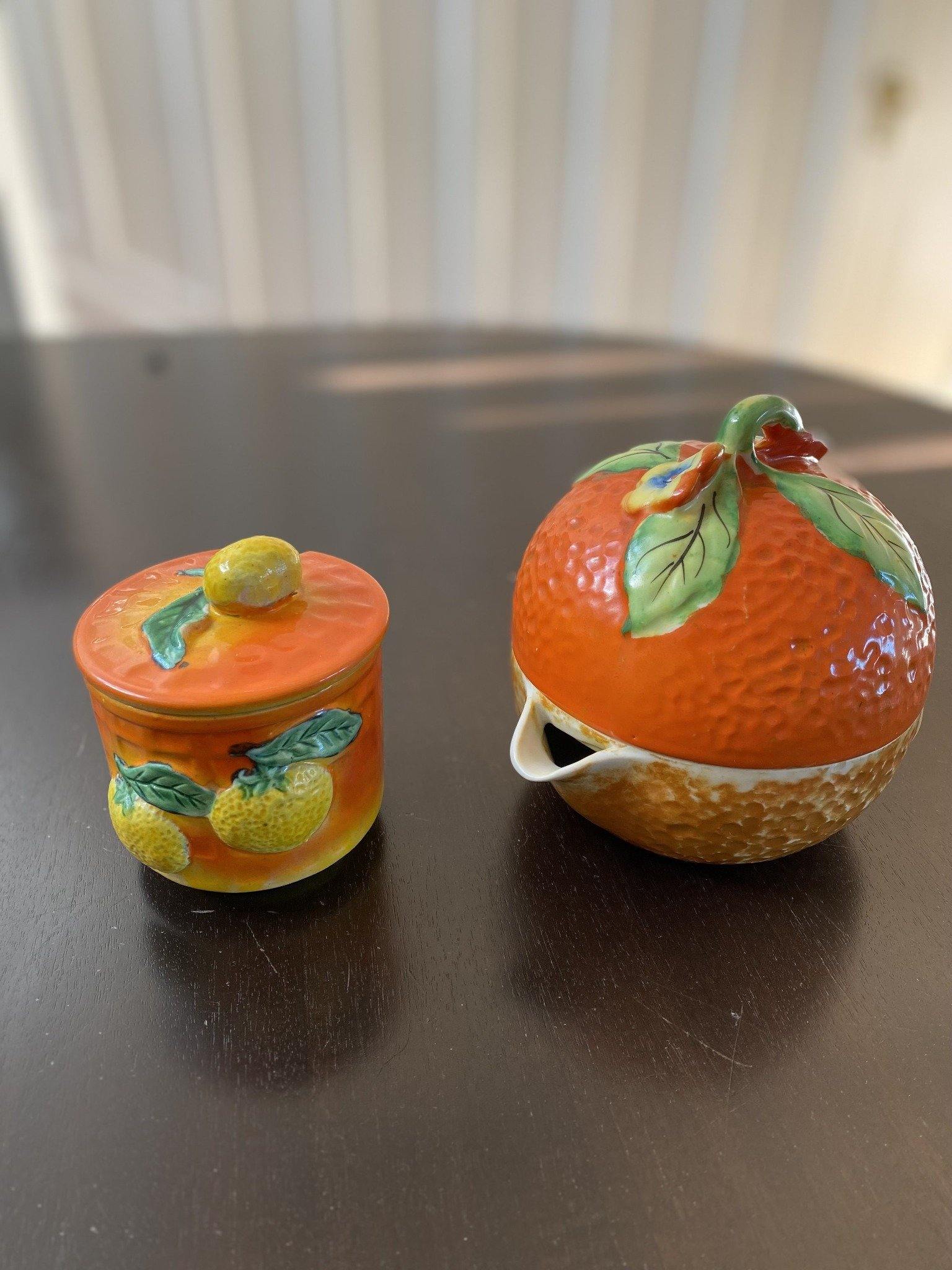Vintage orange with lemon motif jam and jelly jar with small matching tea pot- Cook Street Vintage