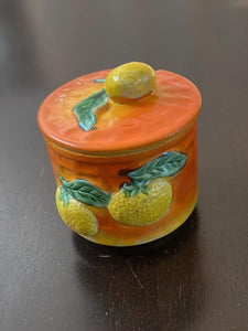 Vintage orange with lemon motif jam and jelly jar with small matching tea pot- Cook Street Vintage