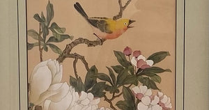 Detail of bird from Elegant vintage Asian botanical prints in gold bamboo frames- Cook Street Vintage