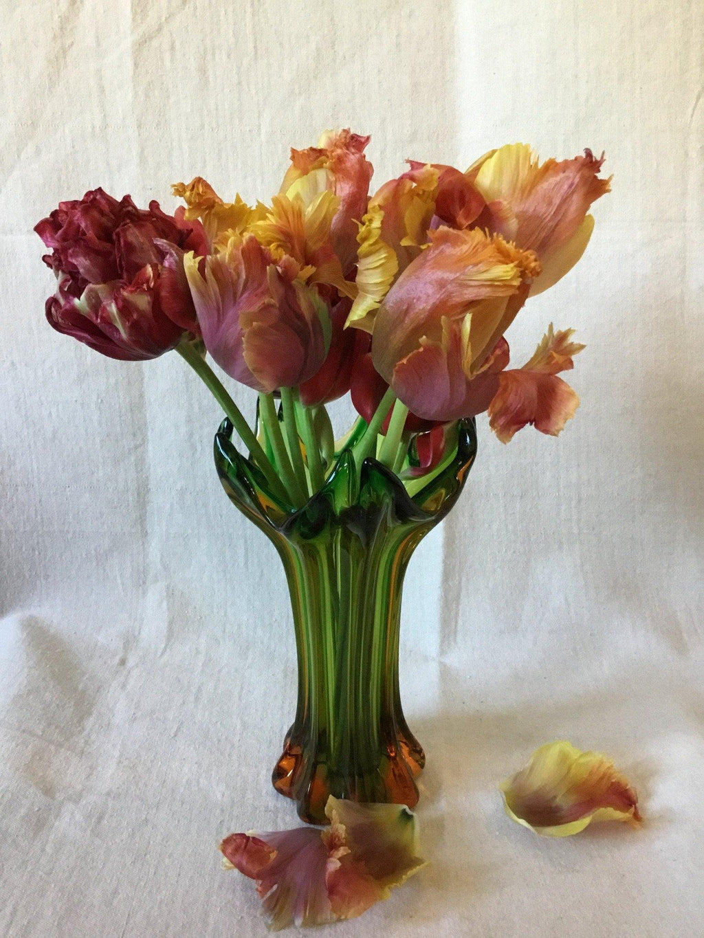 Vintage Amber and Green vase with tulips- Cook Street Vintage