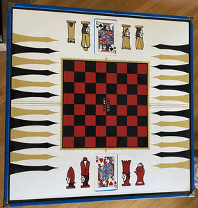 Birds Eye View of folding card table with red and black checerbaord and playing card motifs- Cook Street Vintage