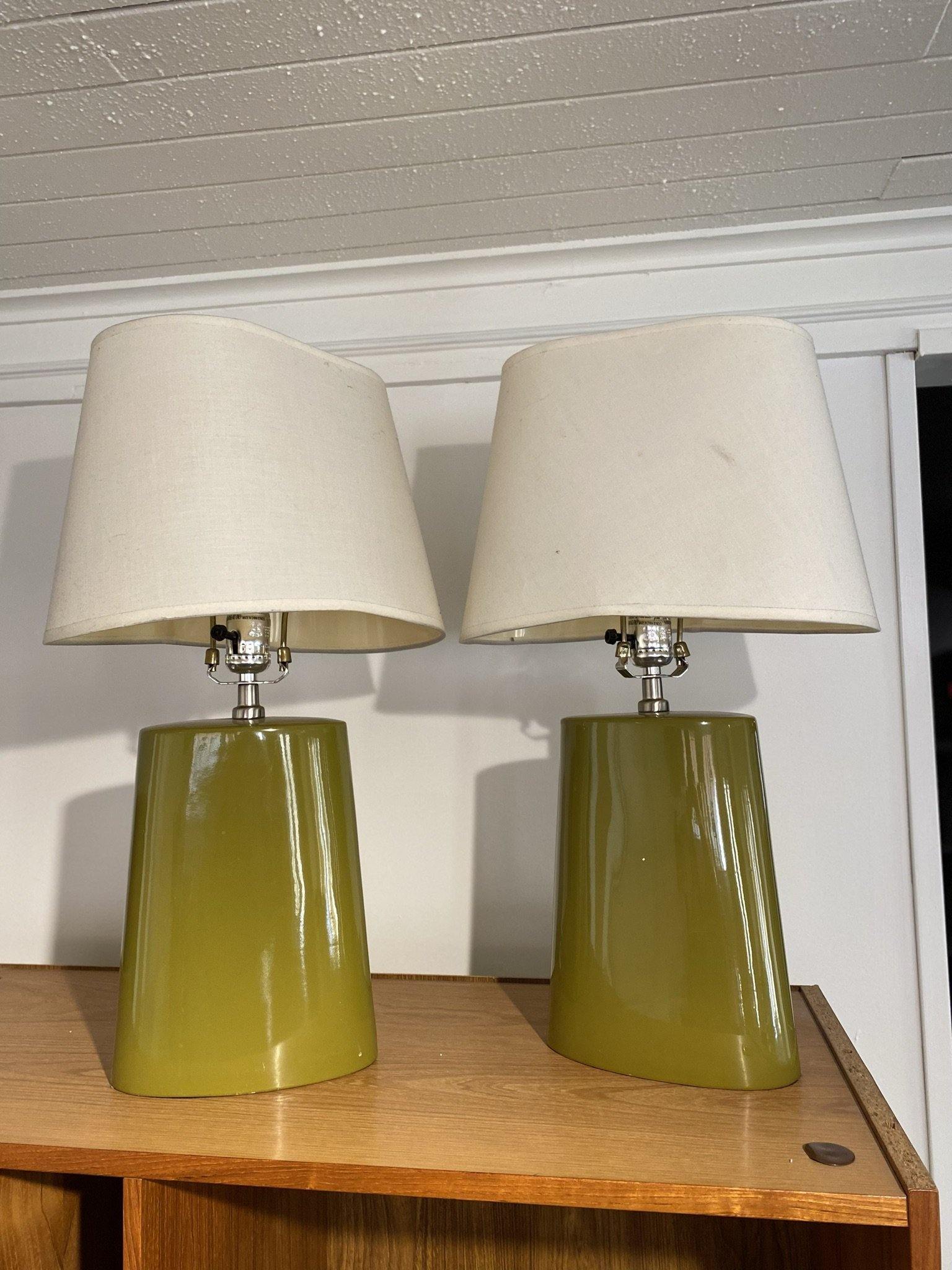 Side view of olive green vintage table lamps- Cook Street Vintage