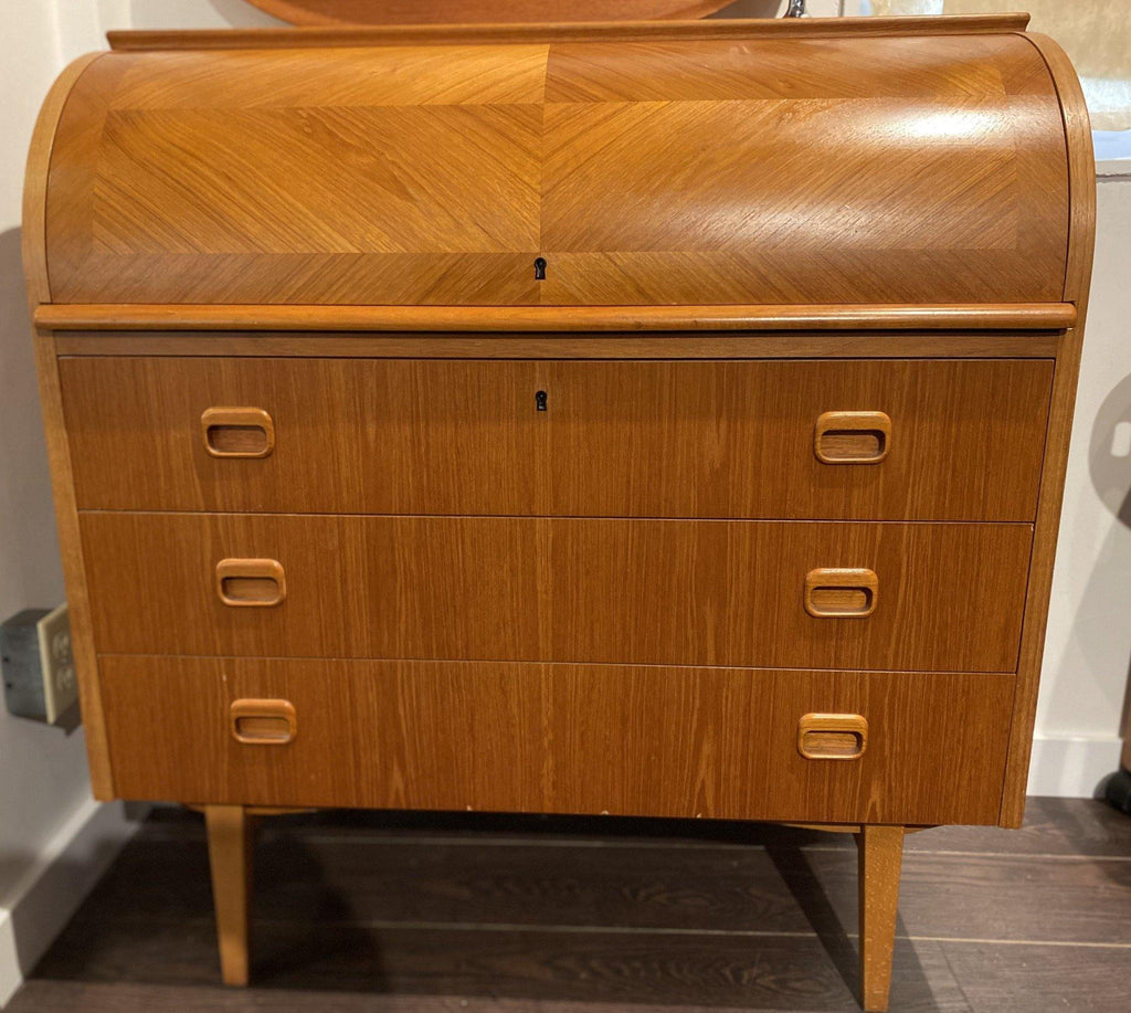 Front view of Danish teak roll top desk with beautiful teak grain- Cook Street Vintage