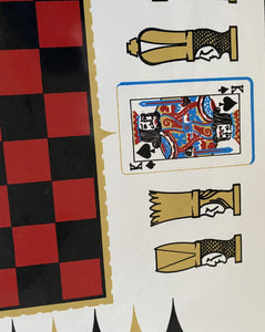 Detail of vintage card table showing King of Spades and chess pieces- Cook Street Vintage