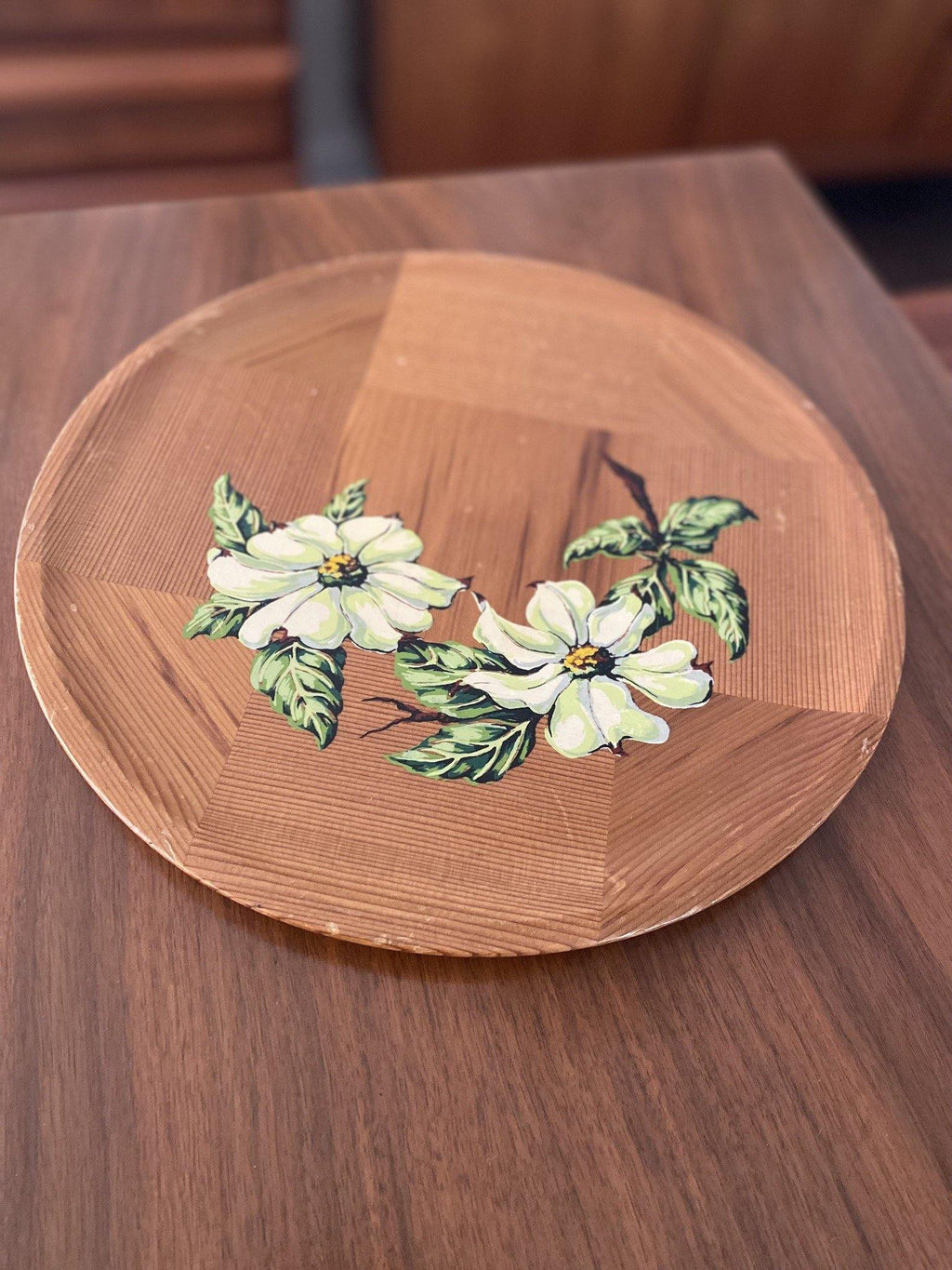 Red Cedar round tray with two hand painted dogwoods - Cook Street Vintage