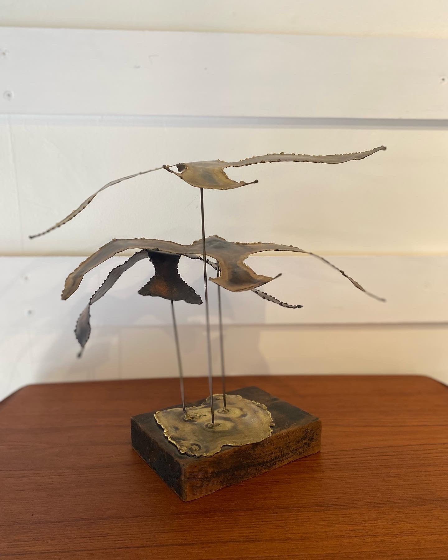 Brutalist Metal Seagulls on Wood Base- Cook Street Vintage