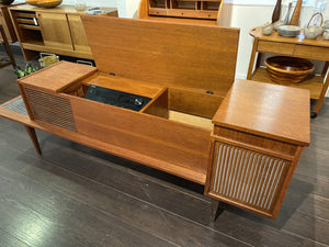 open cabinet showing Onkyo radio and storage in MC teak stereo console- Cook Street Vintage