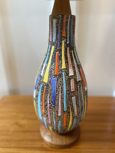 Beautiful detail of multicoloured lamp with teak base- Cook Street Vintage