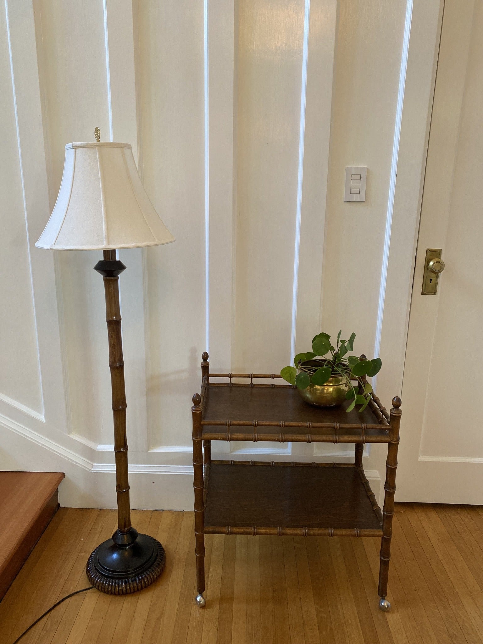 Faux bamboo floor lamp with bamboo walnut bar cart- Cook Street Vintage