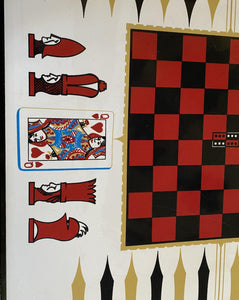 Detail of vintage card table showing Queen of hearts and chess pieces- Cook Street Vintage