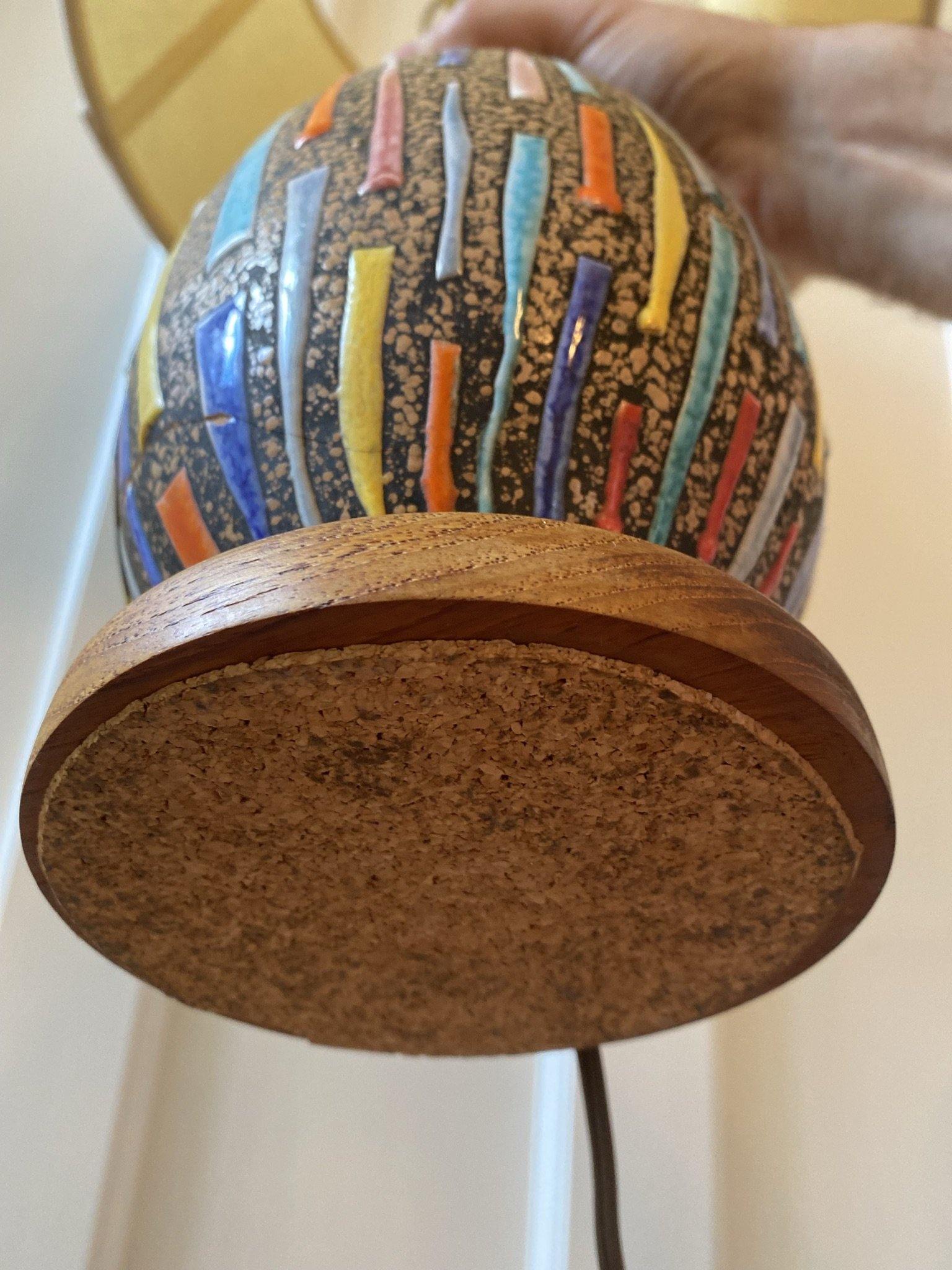 Bottom of mosaic tile table lamp showing cork bottom- Cook Street Vintage